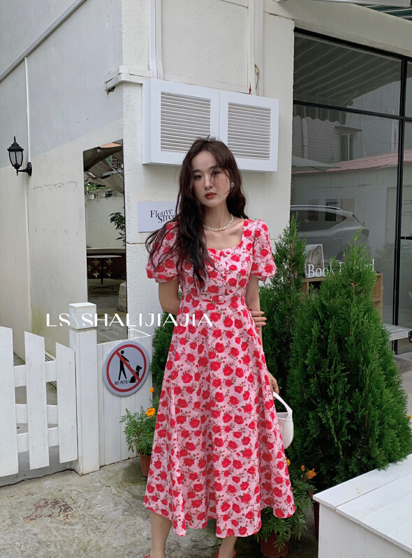 【 LS 】 pastoral Flower Printed square neck dress (with headband) 8379\jhy