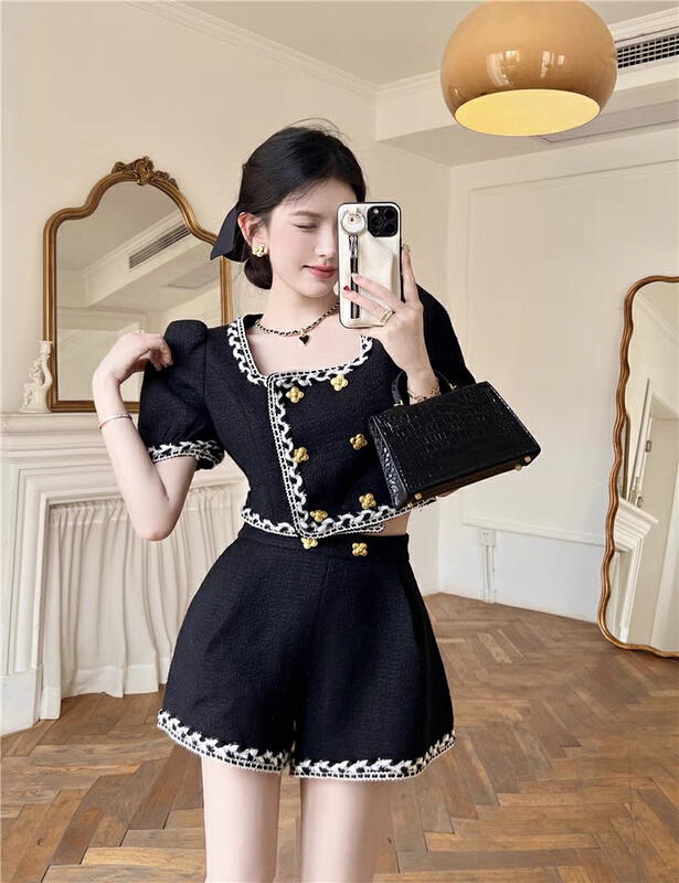 [Huaxi] French style small fragrance bubble sleeve short coat ➕ High waist slim casual shorts suit 9130\pcz