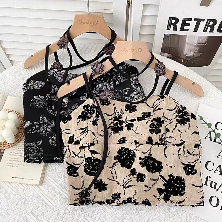 [Gangan] retro printed short navel exposed Mini versatile three-dimensional flower vest / sling 2230\cl