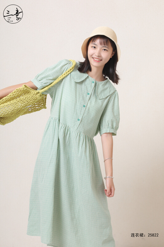[original of three plain clothes] casual fine check literary dress 25822