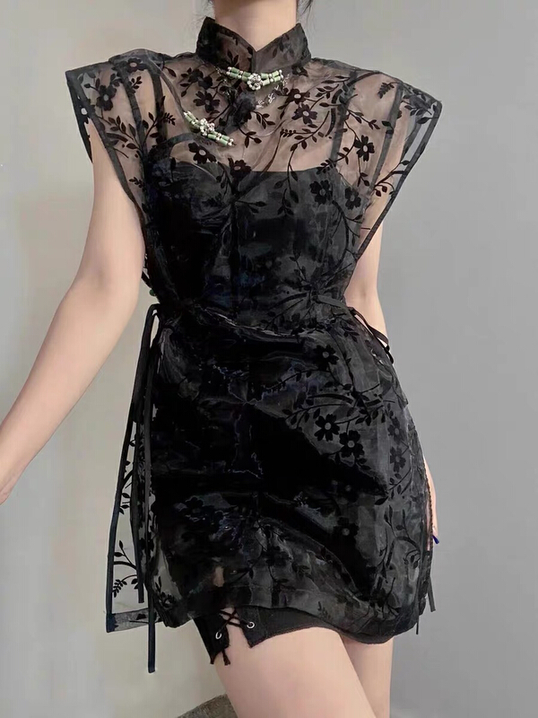 [Yingying new clothes] Chinese retro flocking printed stand collar buckle dress (with suspender vest) 7389\cl