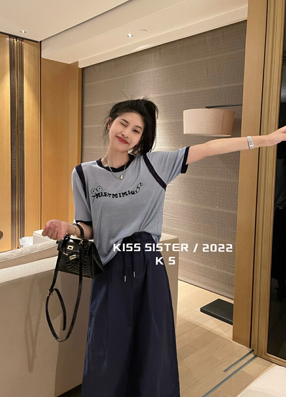 【 kiss sister 】 Korean version casual and versatile embroidered short sleeve T-shirt 22m8078