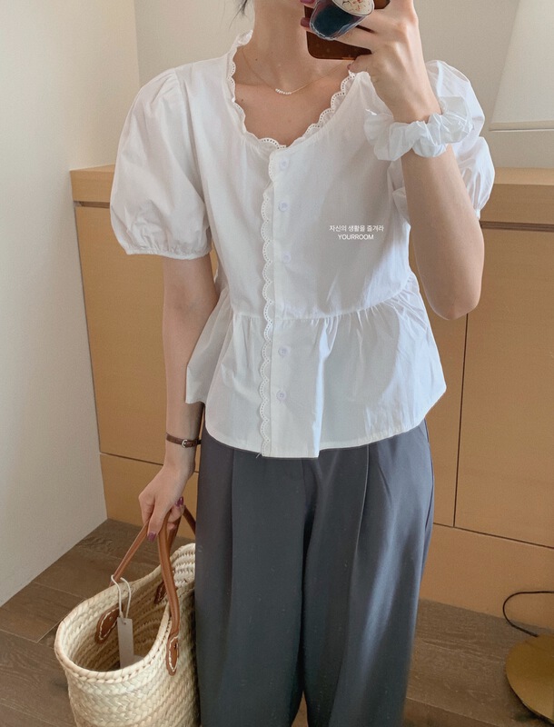[your room] Korean V-neck bubble sleeve short shirt (with hair circle) 808\zxx
