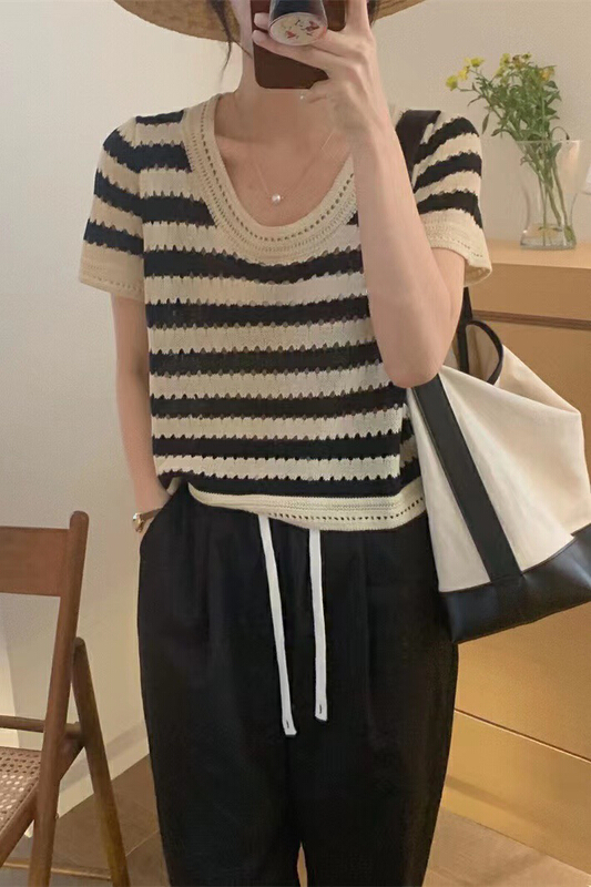 [f · P] versatile crew neck stripe hollow out T-shirt 22021-1\hbx