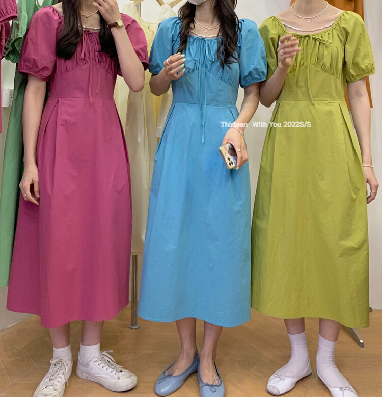 [thirten 13] Korean version square neck bubble sleeve dress 5155\xyy