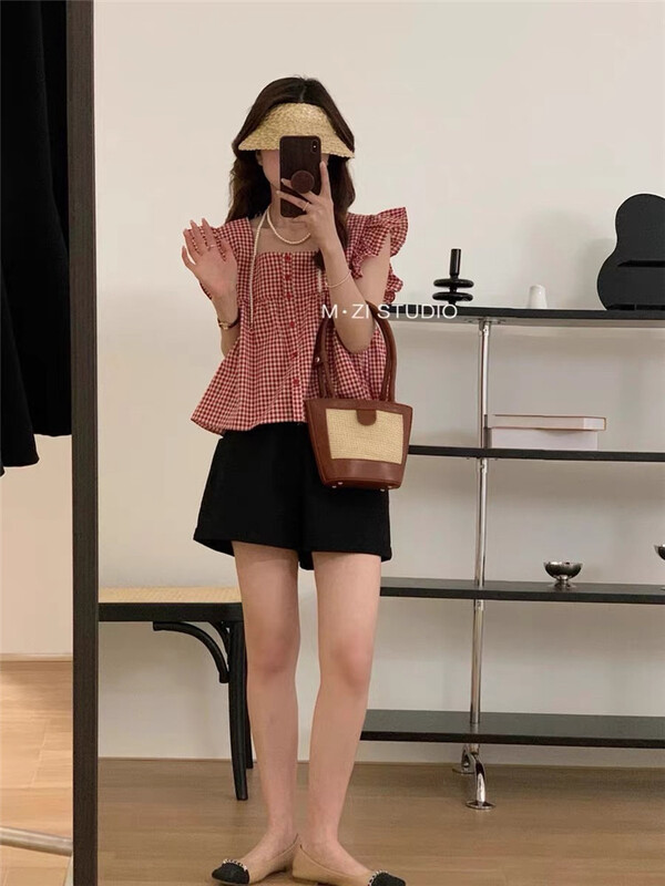 【E】 Feifei sleeve single breasted plaid shirt j069\xyy
