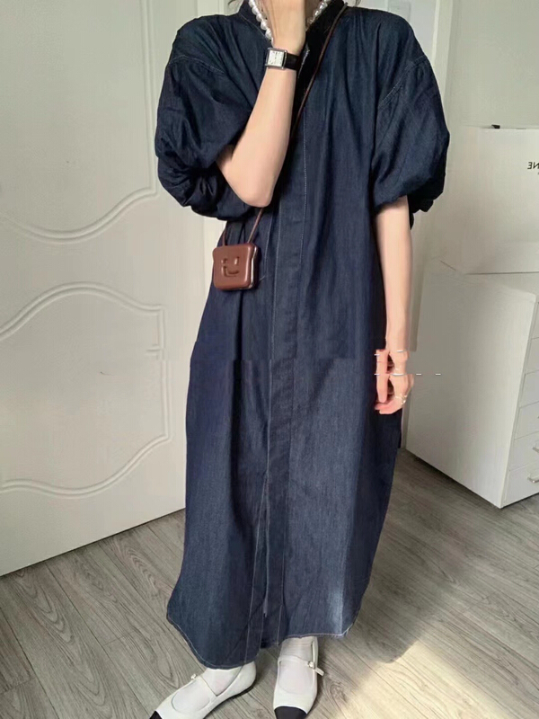 【 lidada 】 loose temperament single breasted bubble sleeve denim dress (with bag) 2379\hbx