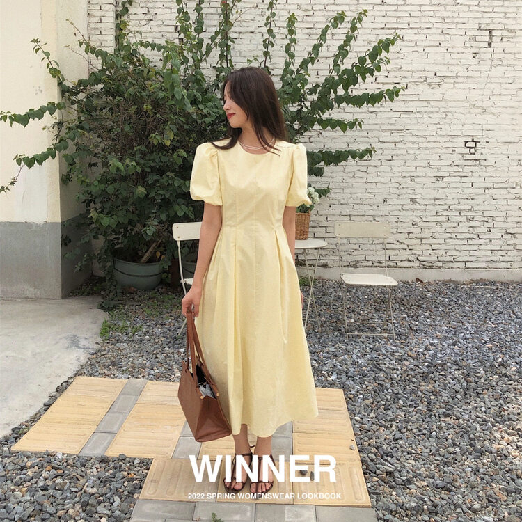 [winner] plain color net version bubble sleeve design waist closing dress (dress only) 9038\ll