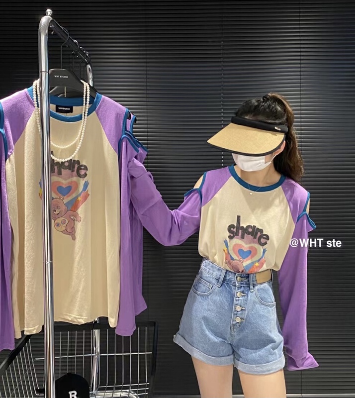 [wht] round neck color contrast off shoulder design love ins sun shirt 5085\wtt
