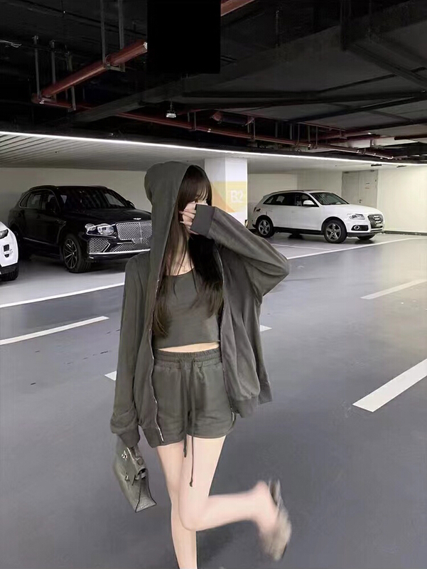 [TZM] simple long sleeve Hooded Coat + built-in Vest + sports and leisure Shorts Set t23003\lsw