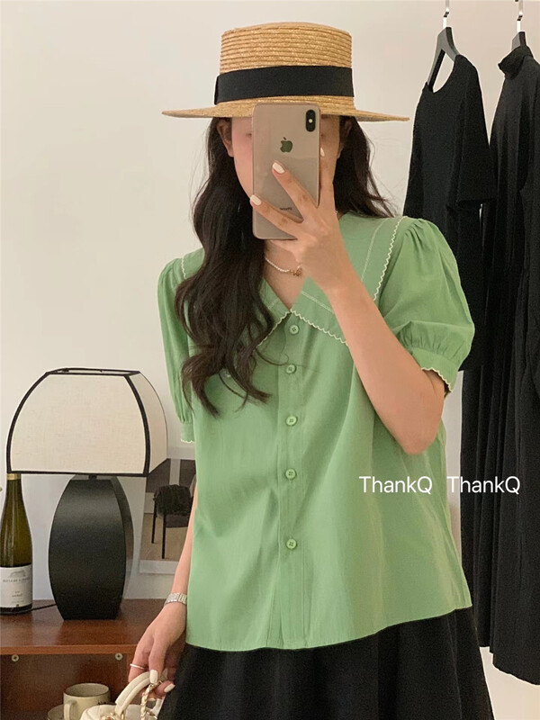Live broadcast! [thankq] fresh and simple color contrast baby collar short sleeve shirt 6916\zjy
