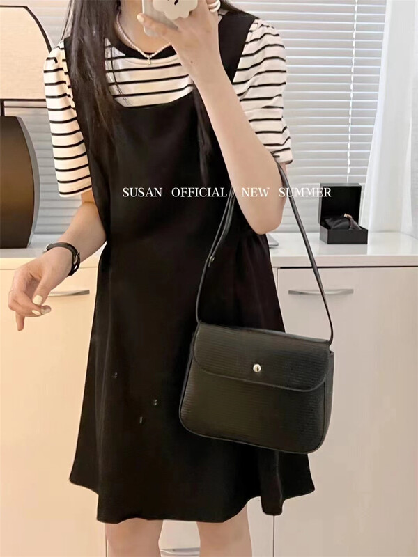 [Susan] simple niche fashion dress + stripe short sleeve T-shirt set 18763\lsw