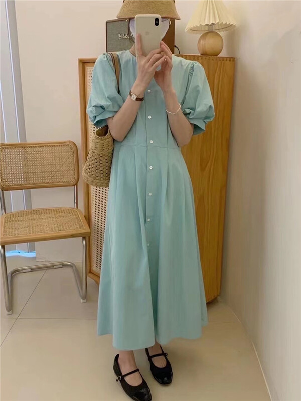 [o.lucky] simple clear color pleated breasted dress 1842\hbx