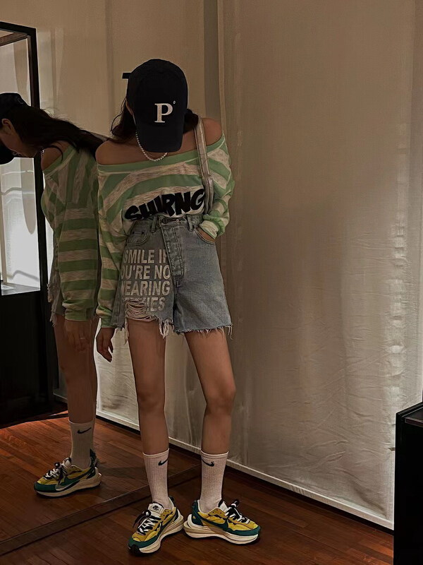 [Dido] printed letters high waist denim shorts 1619\lsw