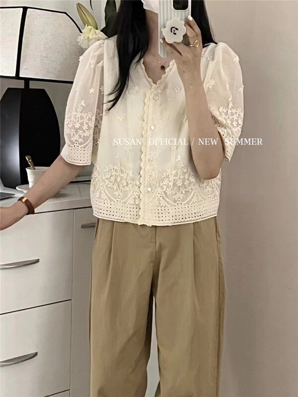 [Susan] embroidered one row button fashion shirt 18971\lsw