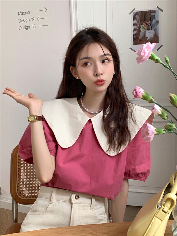[dolly] Korean large lapel bow tie back tie design color blocking short sleeve shirt 2467\pcz