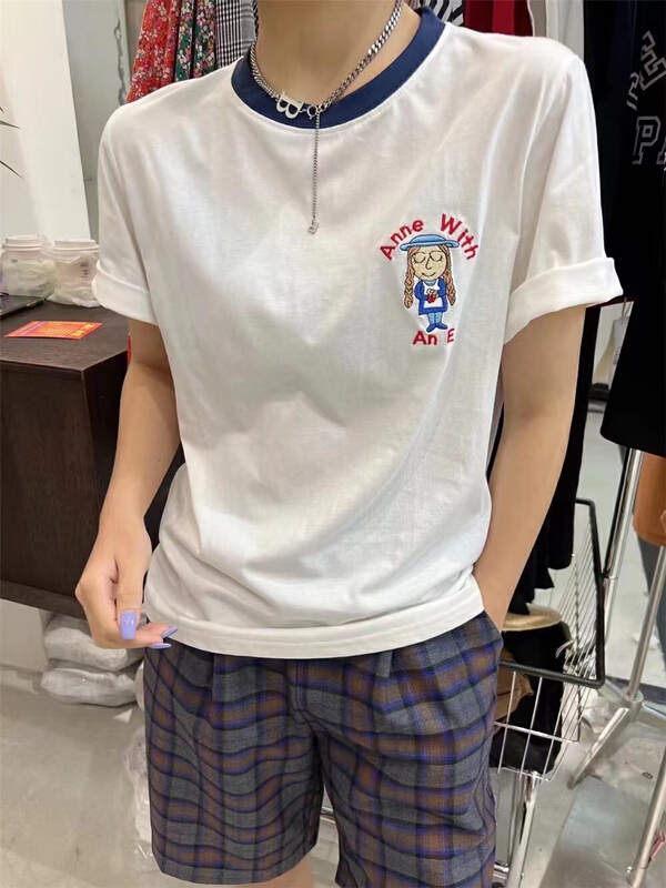 [Xiaolu family] contrast collar embroidered little girl short sleeve T-shirt 80680\wtt