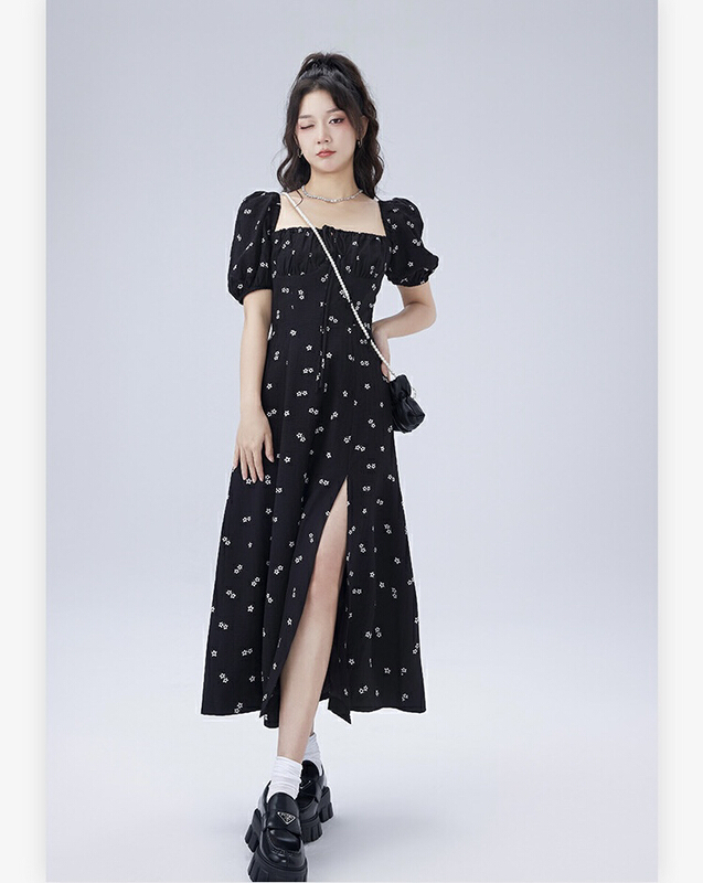 [by] fishbone waist in creased split puff sleeve dress 7767-1\pcz