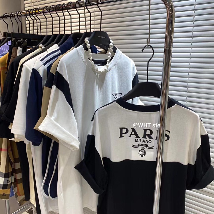 [wht] Korean color block back printed letters short sleeve T-shirt ys1-4096\wtt