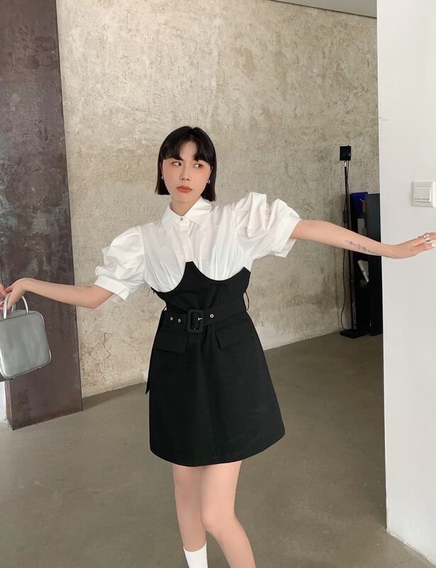 [Penny vogue] French style small fragrance bubble sleeve stitched suit dress (with detachable belt) 65990\lsl