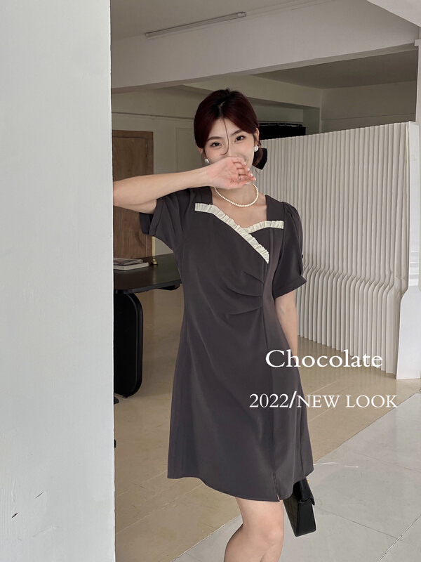 [chocolate] Korean color blocking lace bubble sleeve square neck dress 28108\ll