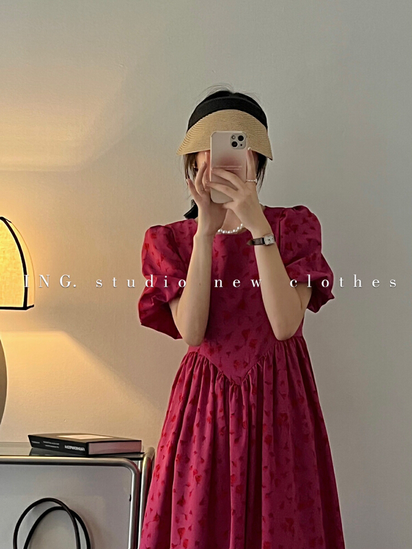 [ing] French retro printed bubble sleeve dress ing-9075