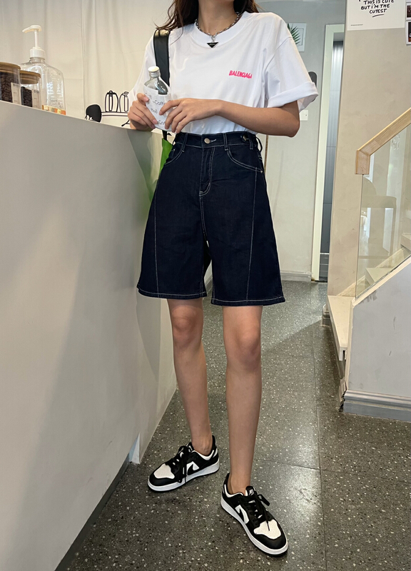 [en Xi'er] half elastic waist, elastic and thin, versatile 5-point denim shorts k2158\l