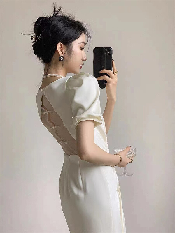 [half plain] round neck drawcord versatile French dress u580\zjy