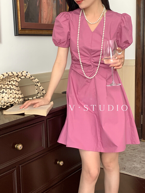 [v.studio] V-neck bubble sleeve solid dress 5238\l