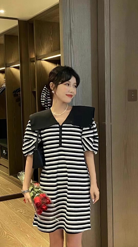 [8090] stripe Lapel Pullover dress 2097\l