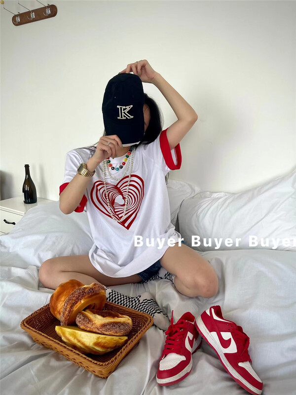 [buyer] three dimensional Love Print Pullover color contrast sleeve short sleeve T-shirt 0517\wtt
