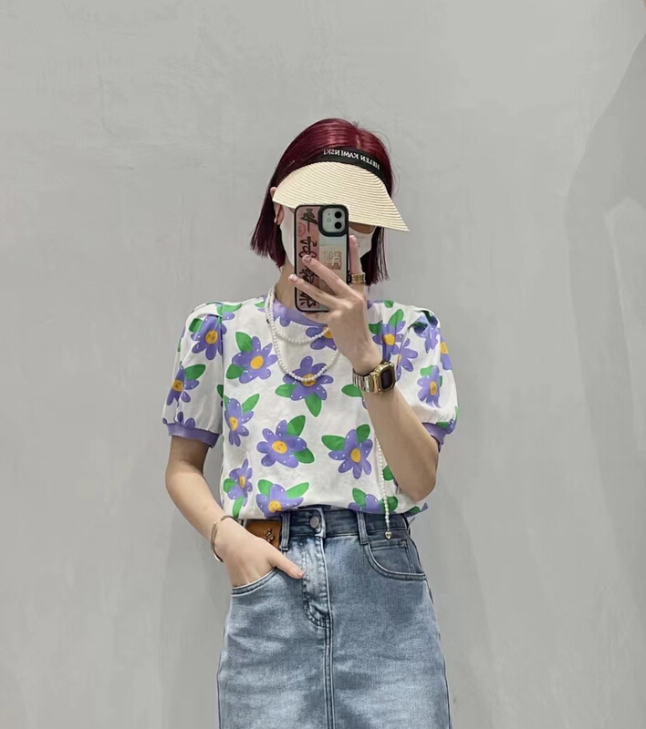 [M.M] bubble sleeve AOP flower short sleeve T-shirt 8023\l