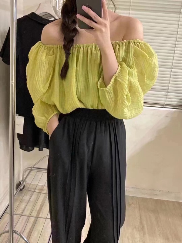 [o.lucky] simple temperament one shoulder bubble sleeve shirt 1873\hbx
