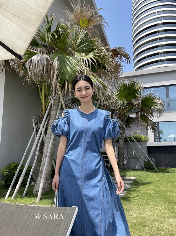 [Sara] Korean minority Off Shoulder Waist hollow out denim dress 90021\lwy