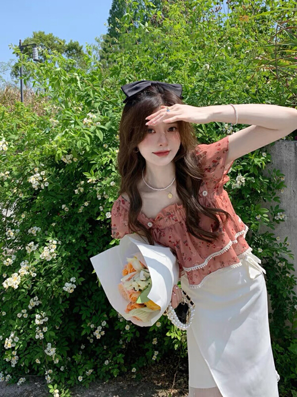 [Huaxi] square collar floral small flying shirt + casual denim shorts set 9172\pcz
