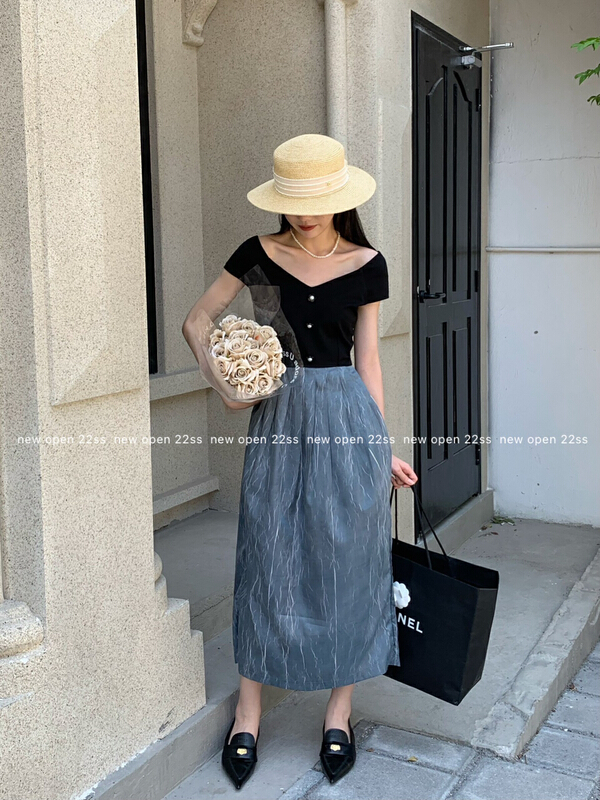 [new open] Korean slim fitting French V-neck stitched high waist dress fl22701\zxl