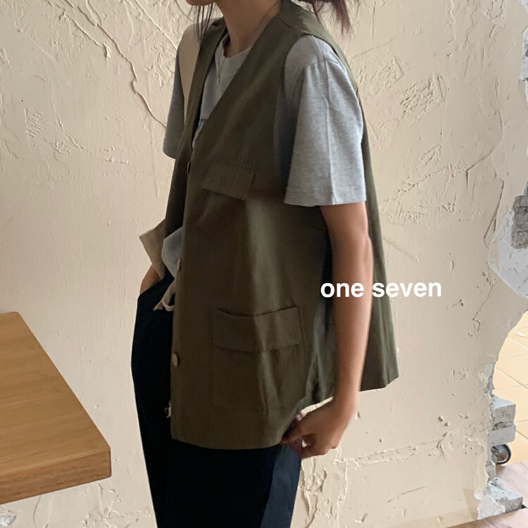 Early autumn new! [one seven] retro simple Pocket Vest h037\xyy