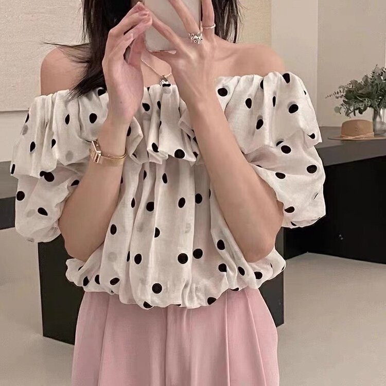 [jun.t] Hong Kong Style wave dot off shoulder shirt + slim Wide Leg Pants Set 6139\pcz