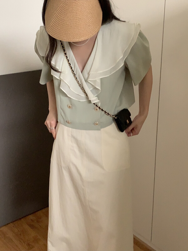 [Gabrielle] lotus leaf color contrast border shirt b2312\zxl