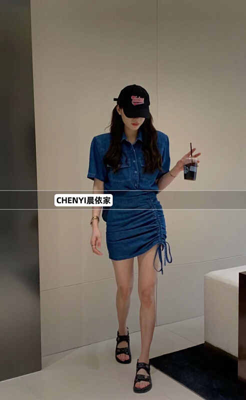 [Chenyi] simple POCKET DENIM Top + pleated skirt set 1977\xyy