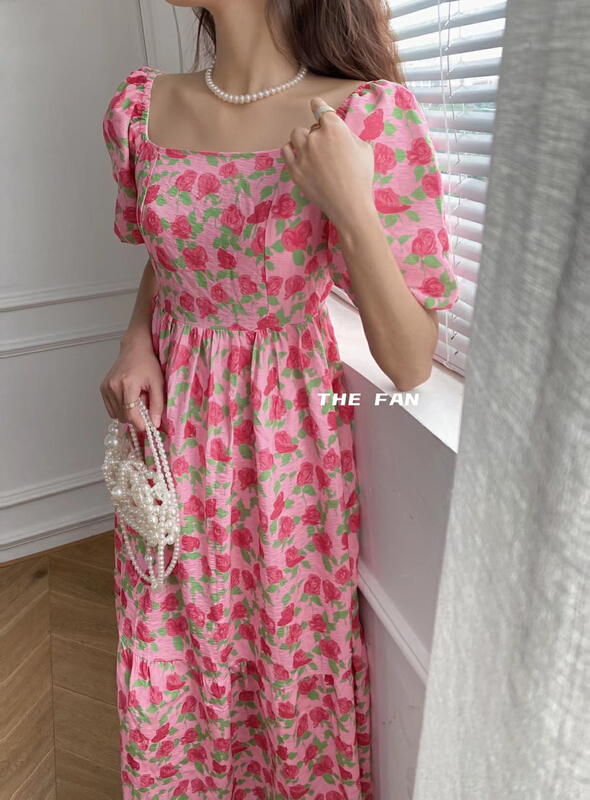 [the fan] rose print bubble sleeve dress 50150\pcz