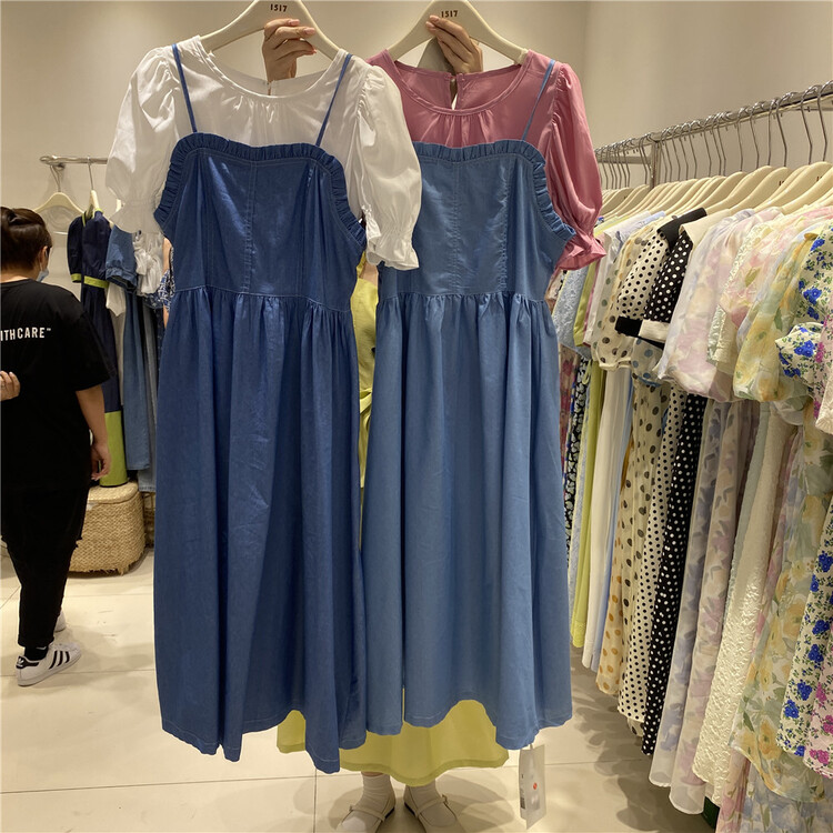 [1517] round neck bubble sleeve blouse + ear edge suspender denim dress set 7207\zjy
