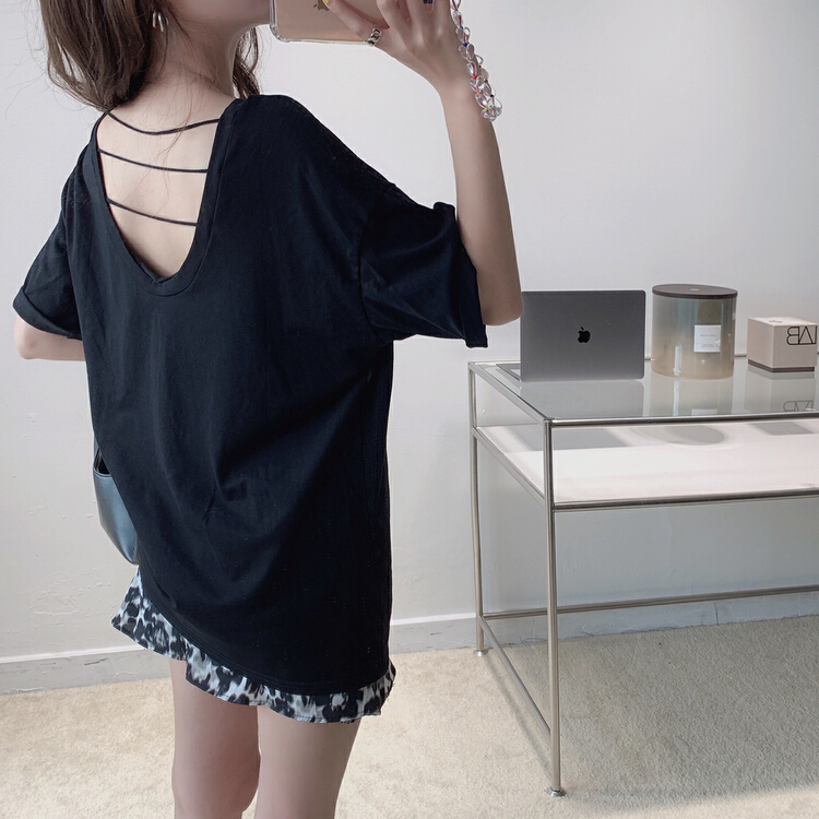 [Vanessa] casual design open back short sleeve T-shirt 6309\ozq