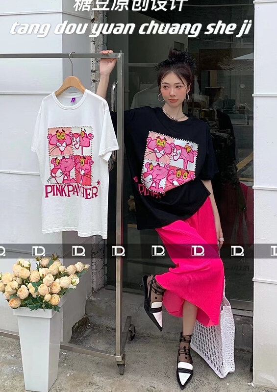 [original by tangdou] Pink Leopard nail bead design round neck short sleeve T-shirt 9801\wtt