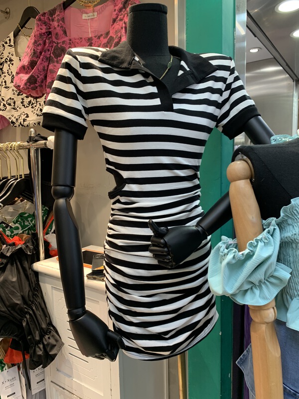 [x.xan] striped open waist polo collar dress 7157\pcz