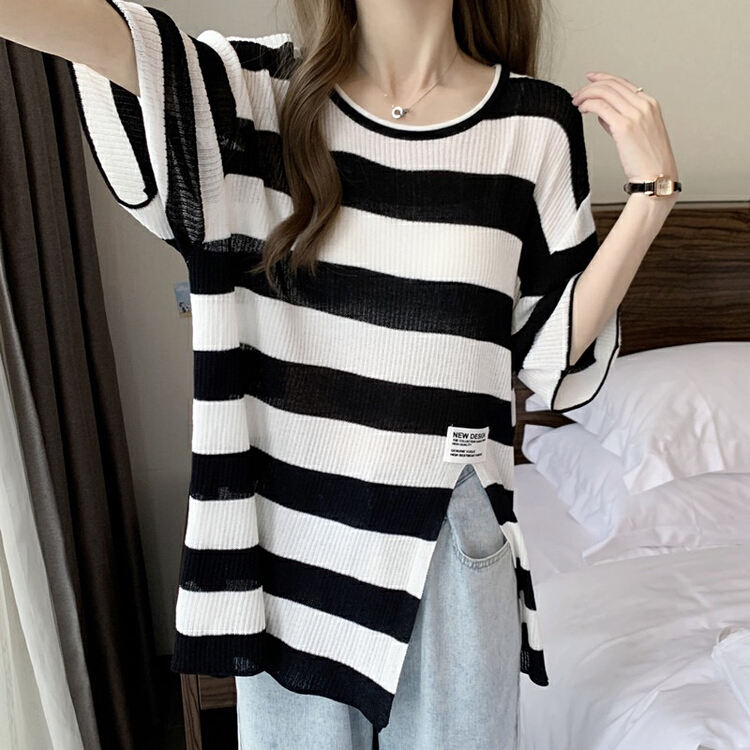 [huole] Korean loose stripe versatile thin design slit T-shirt 710\wtt