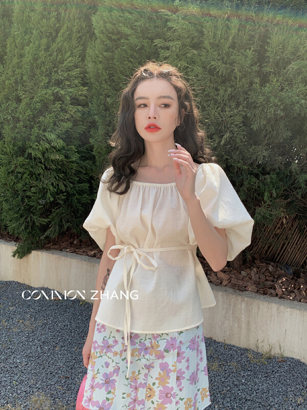 [CZ Zhang] off shoulder solid color aging shirt (with waist rope) 62546\jhy