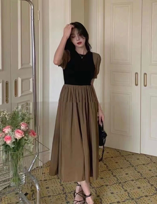 Live broadcast! [JH] multi panel contrast color waist closing thin dress 42039\pcz