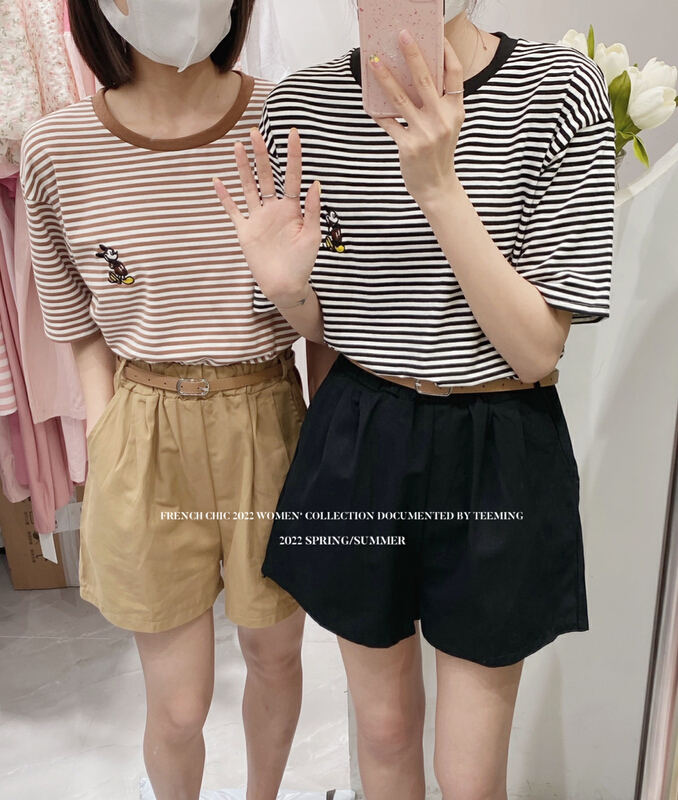 [teem ing] simple Korean stripe short sleeve T-shirt + fashionable loose casual Shorts Set (with belt) 22t306\hjy