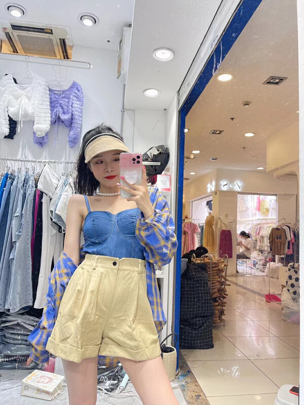 [m2+] retro Plaid sunscreen shirt + fashion denim suspender vest set 6101-1\wtt